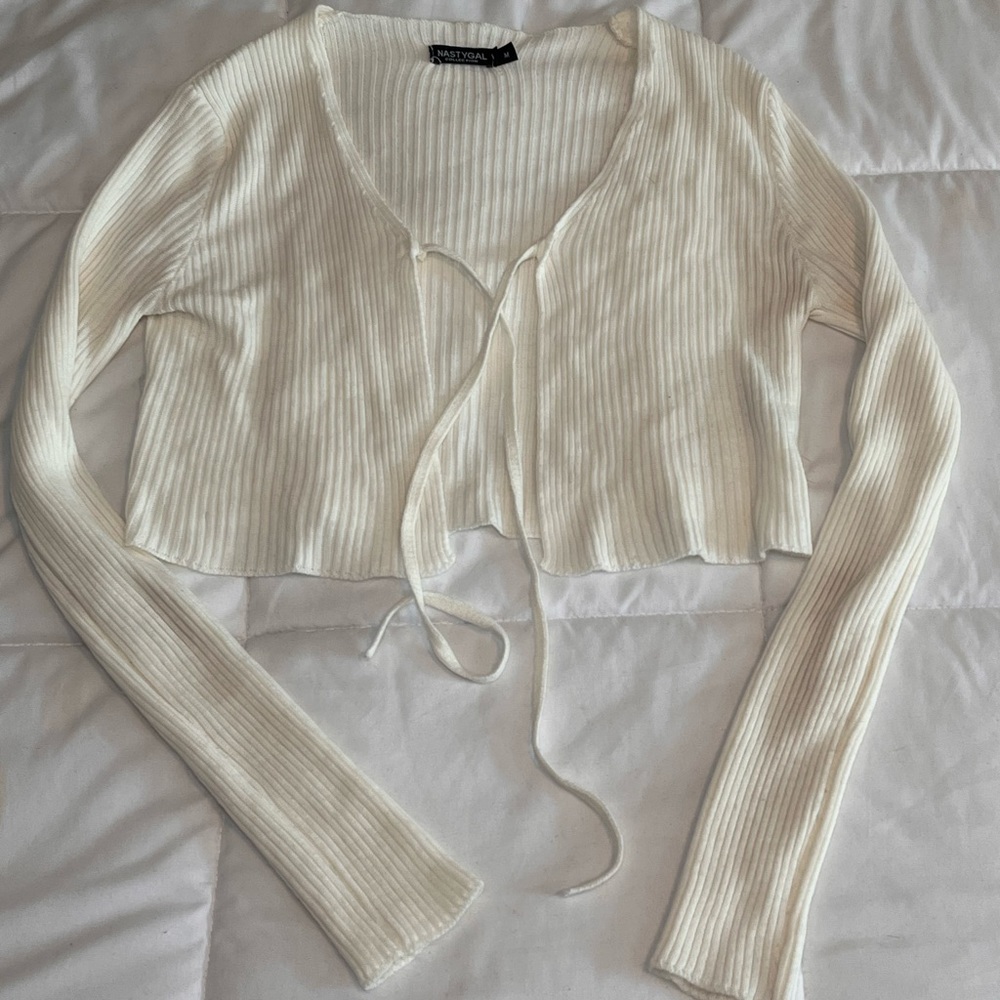 Nasty Gal Off White Tie Front Ribbed Crop Cardigan